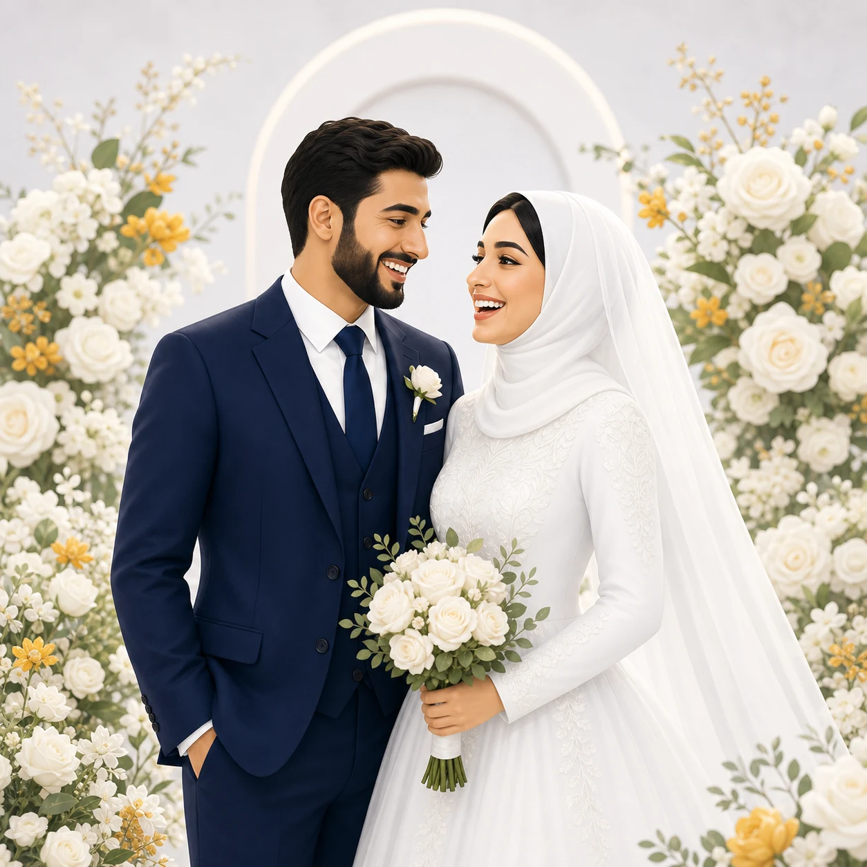 A laughing bride and groom surrounded by white flowers on their wedding day